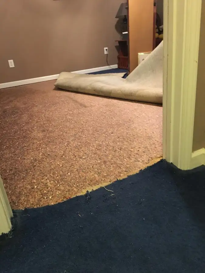 Carpet pad removal revealing water damage during Water Mitigation Services in Granby